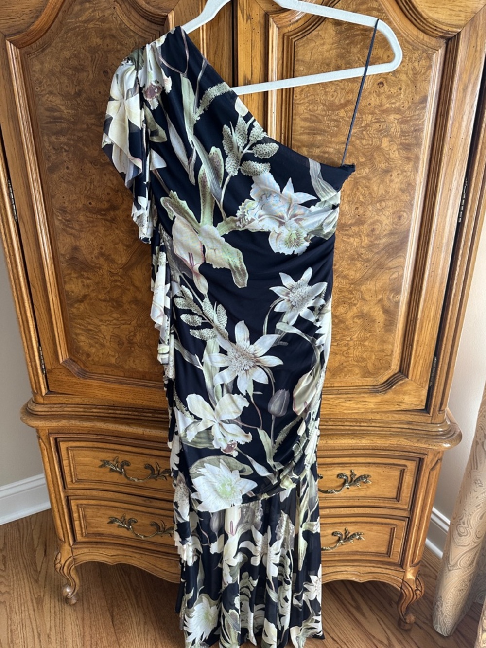 Chelsea28 Black One-Shoulder Dress with Cream and Olive Floral Print